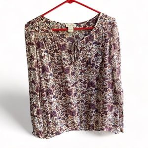 Lucky Brand Paisley Sheer Long Sleeve Tie V Neck Blouse (M)
